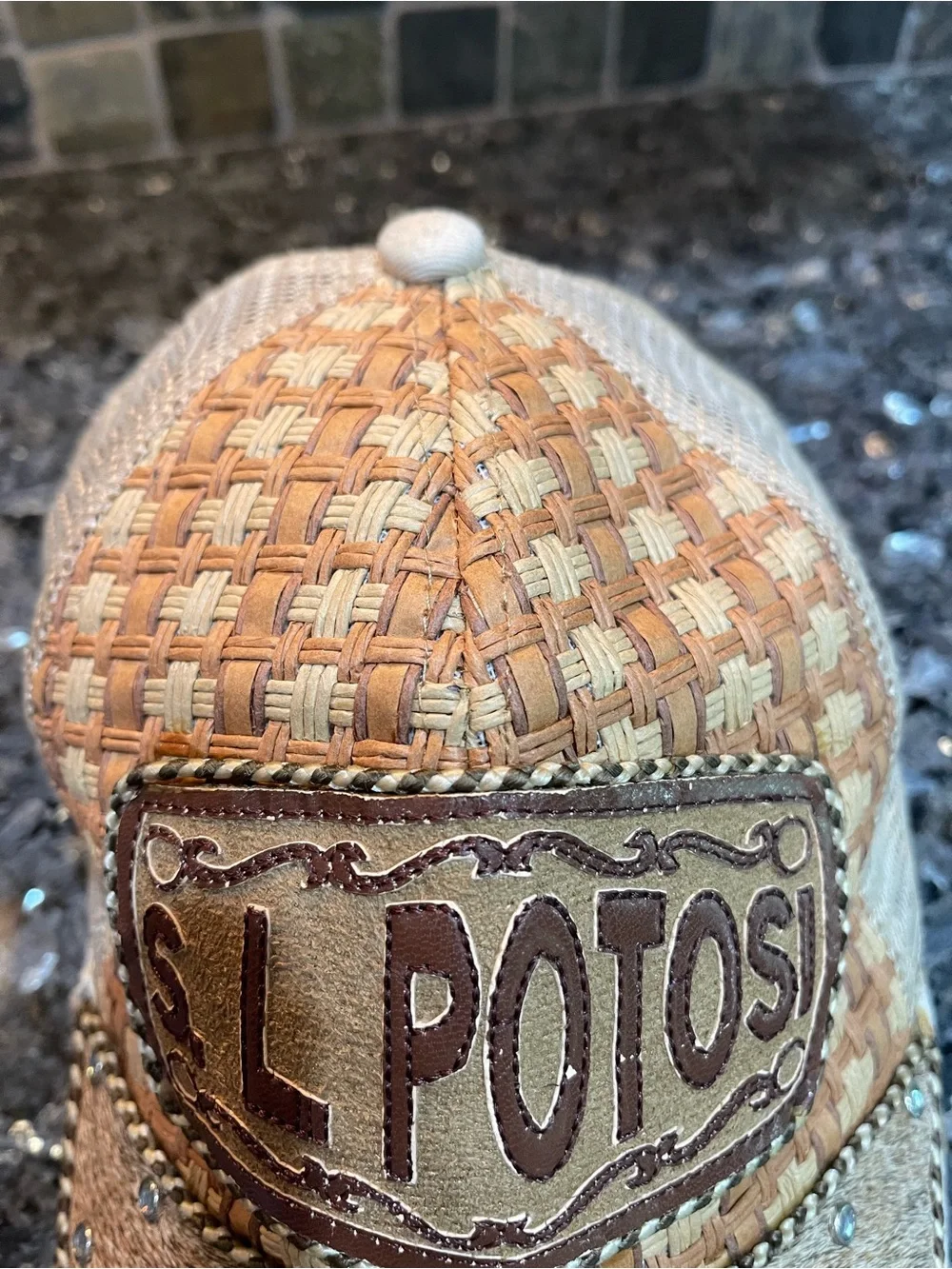 SL Potosi Women's Tan Cowhide Woven Trucker Cap with Stud Detail SnapBack